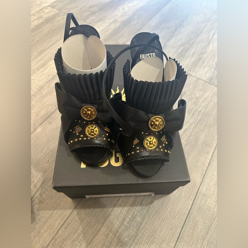 Fausto Puglisi Black/Gold Satin and Leather Sandals. NEW